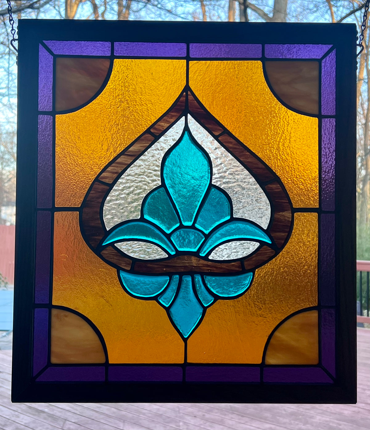 Fleur-de-lis Stained Glass Piece in Peacock Blue