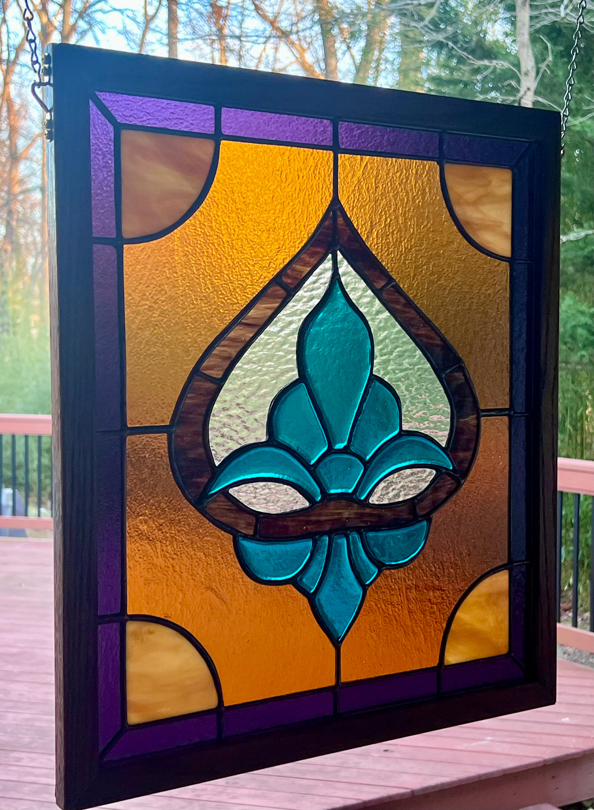 Fleur-de-lis Stained Glass Piece in Peacock Blue