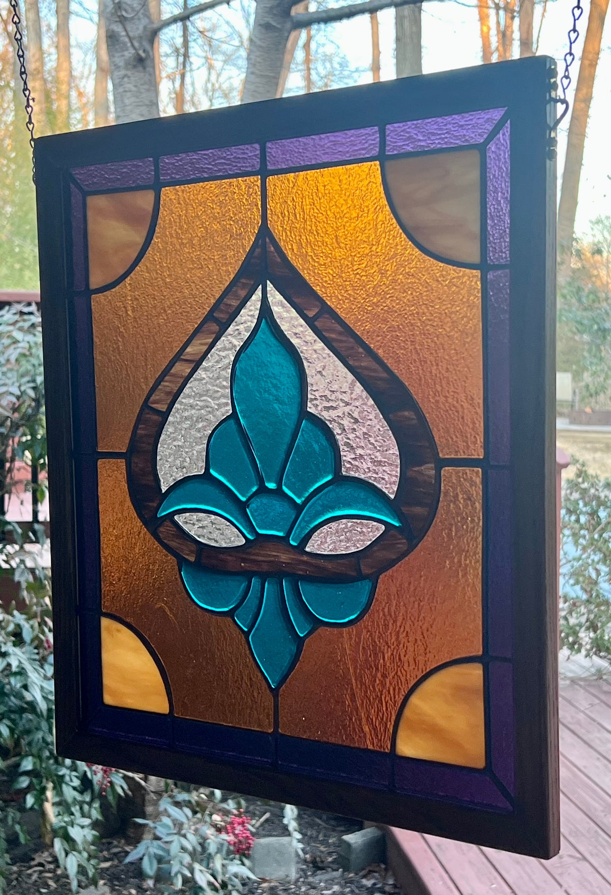 Fleur-de-lis Stained Glass Piece in Peacock Blue