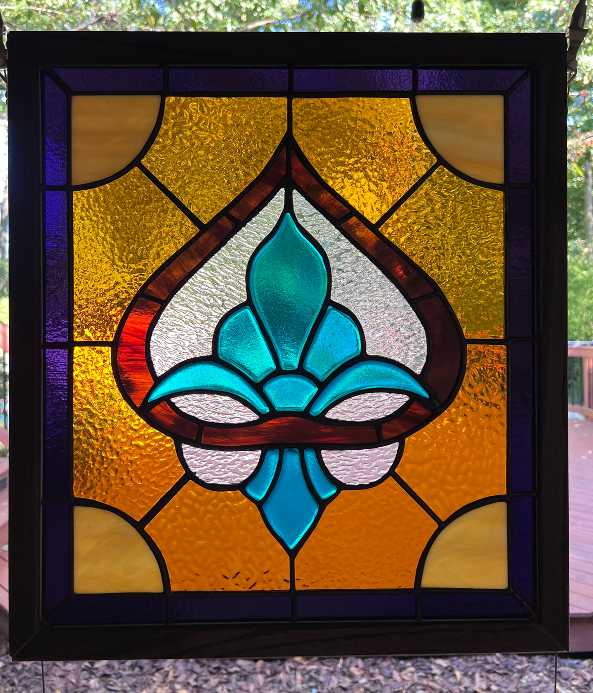 Fleur-de-lis Stained Glass Piece in Peacock Blue